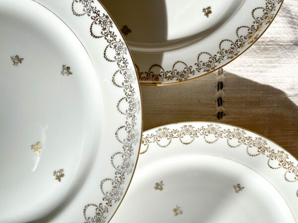 10 Assiettes porcelaine dépareillées ~ Assiettes porcelaine blanche doré ~ Assiettes LIMOGES ~ Vaiss