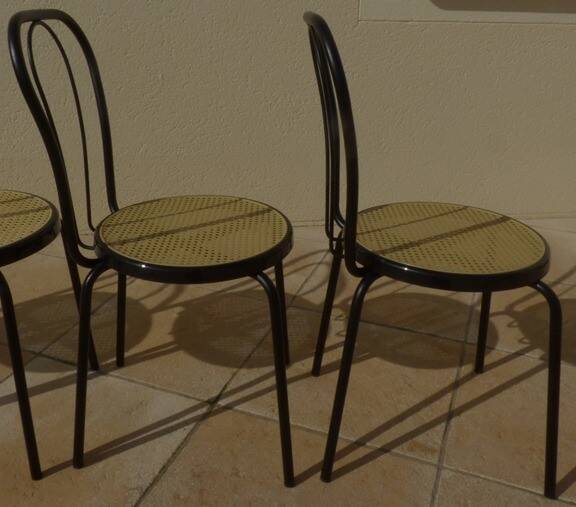 4 Black metal bistro chairs with plastic cane seat