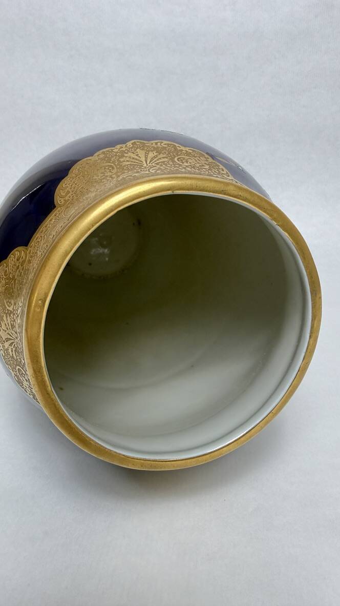 Lucien Michelaud, Limoges, large blue porcelain vase from the kiln with iris decoration.