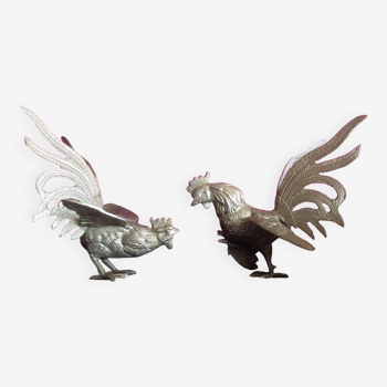 Duo of silver metal roosters. France, 1950-60