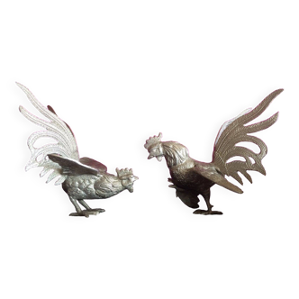 Duo of silver metal roosters. France, 1950-60