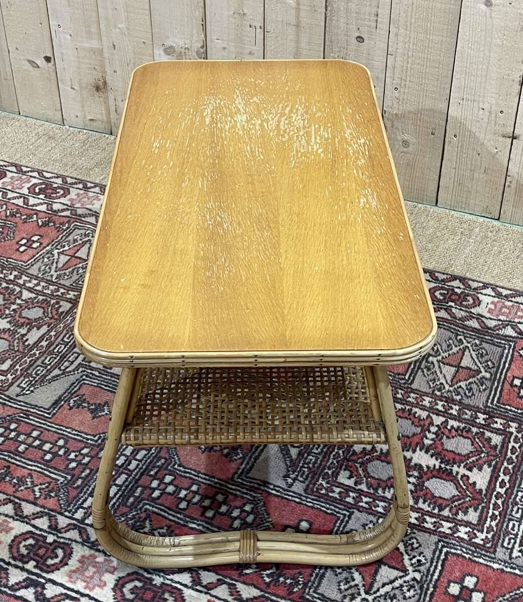 Rattan coffee table and caned shelf from the 1970s.