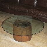 Antique hand carved mortar coffee table with circular glass top