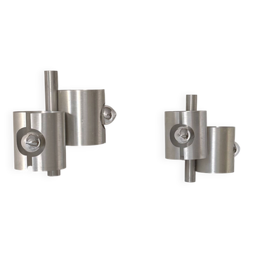 Pair of vintage double wall lights in brushed metal, France 1970.