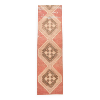 Tapis de couloir vintage en laine turque, 3 x 11, rose délavé et marron, 91 x 328 cm