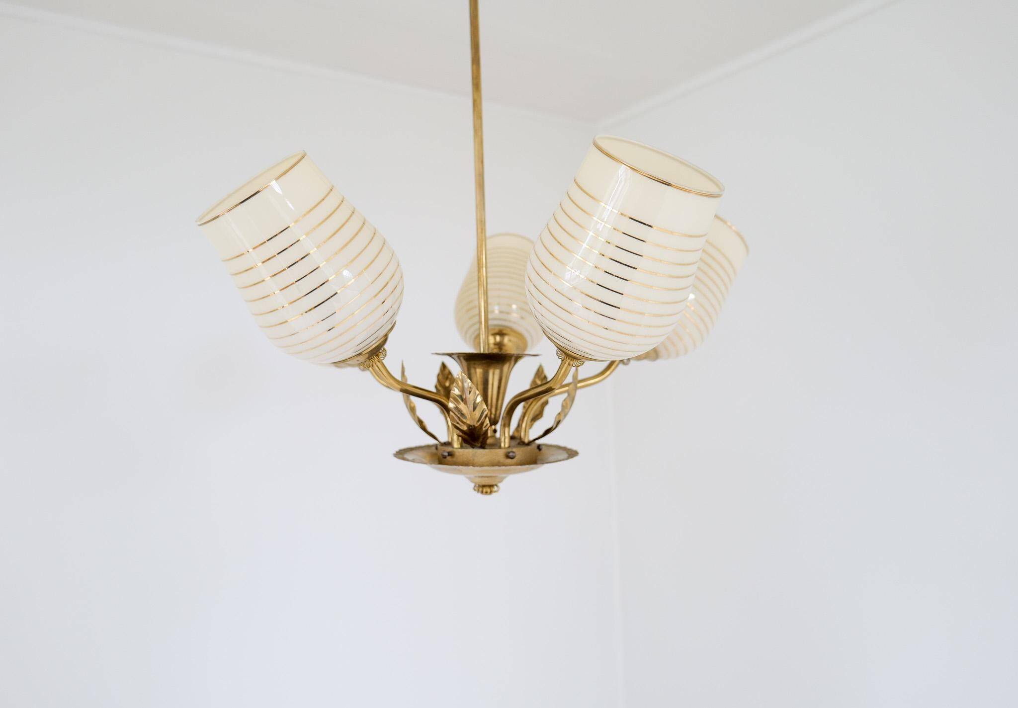 Mid-century brass and glass pendant light by Sario, Finland, 1950s.