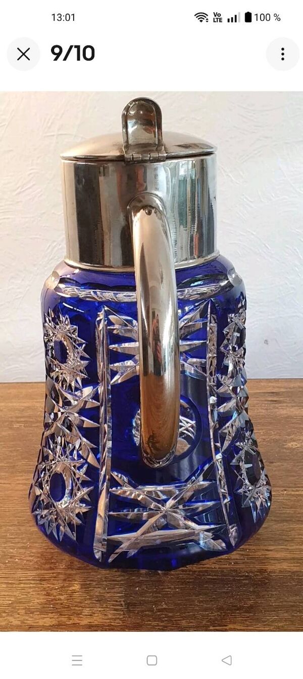 Superbe broc à orangeade en cristal de bohème/taillé bleu cobalt