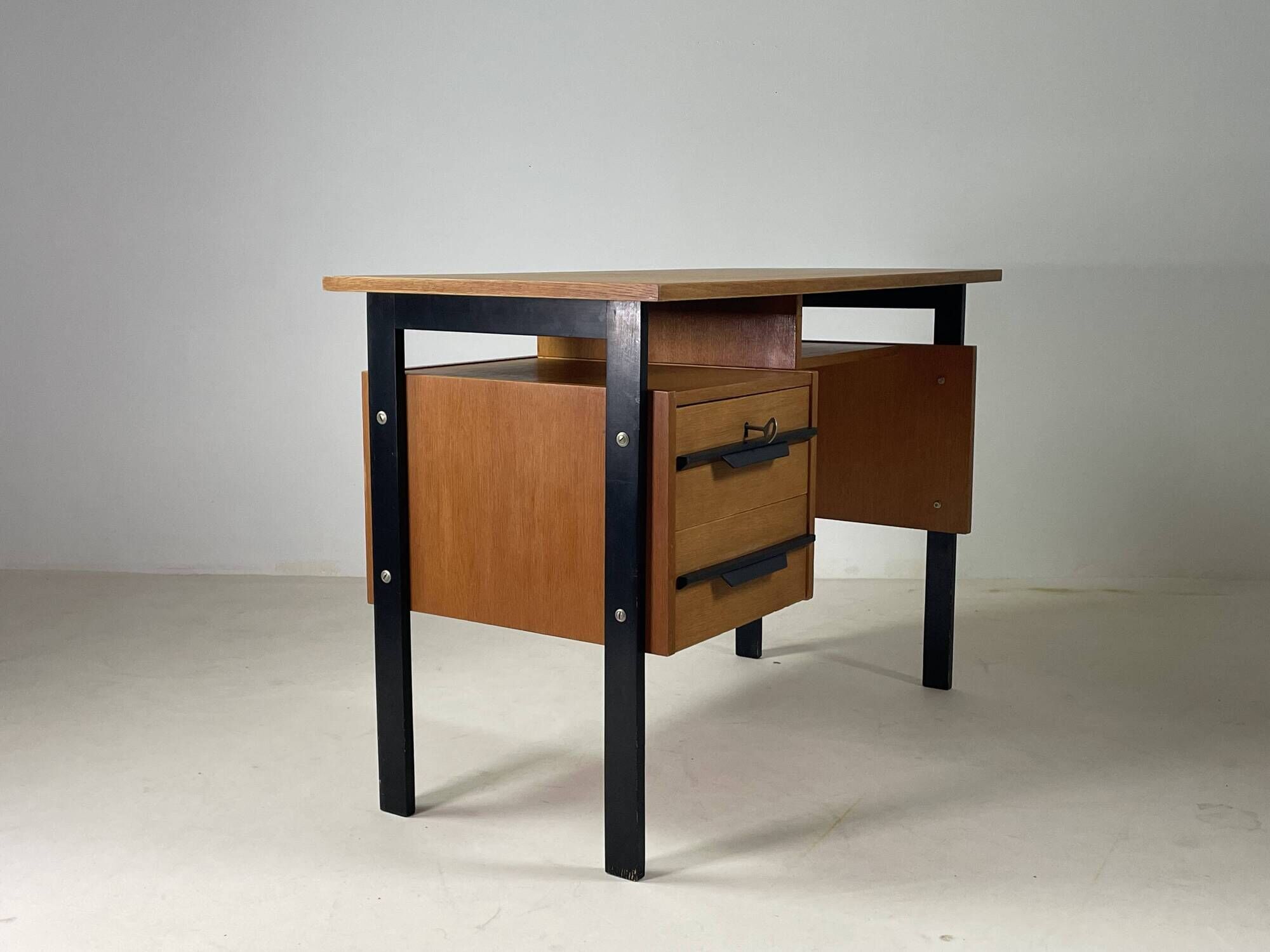 Vintage oak and black wood desk from the 60s
