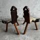 Pair of 1950s Spanish carved solid wood chairs with beige cowhide leather seats