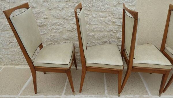 6 chaises vintage en simili cuir beige, bois massif et pieds laiton