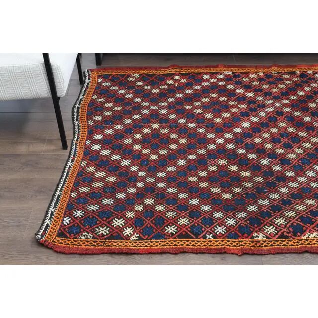 1970s Vintage Turkish Oushak Handmade Wool Cotton Red Runner Rug 161x214