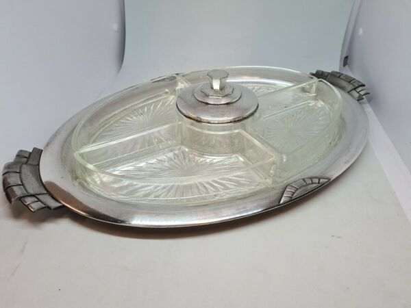 Plat de présentation style art déco en métal argenté et compartiments en verre