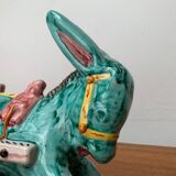Vintage Italian hand-painted sculpture of a donkey with a cart in the shape of a bowl from Deruta, Italy.