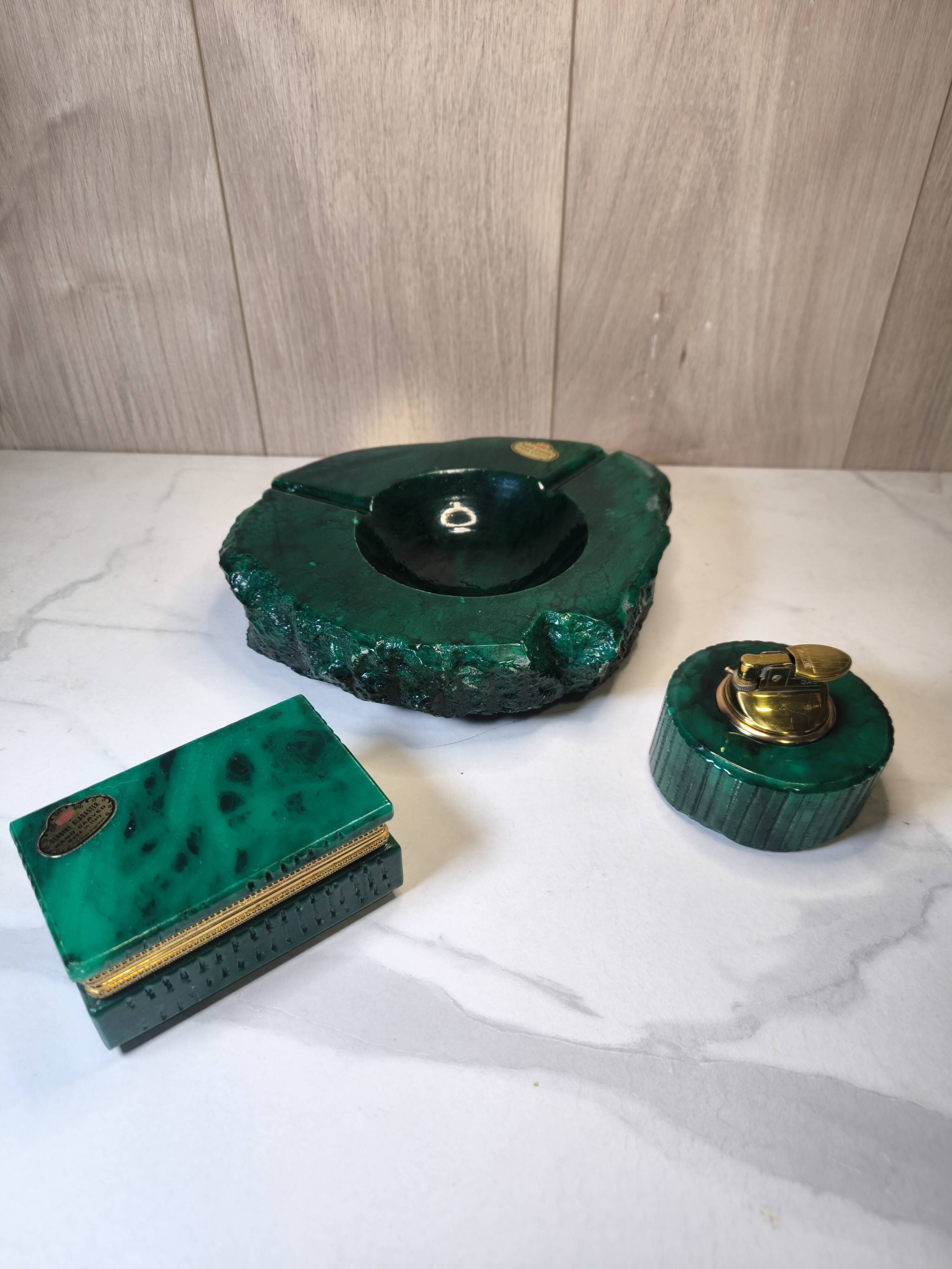 Vintage 70's Desk Set in Green Alabaster Malachite - 3 Pieces - Ita