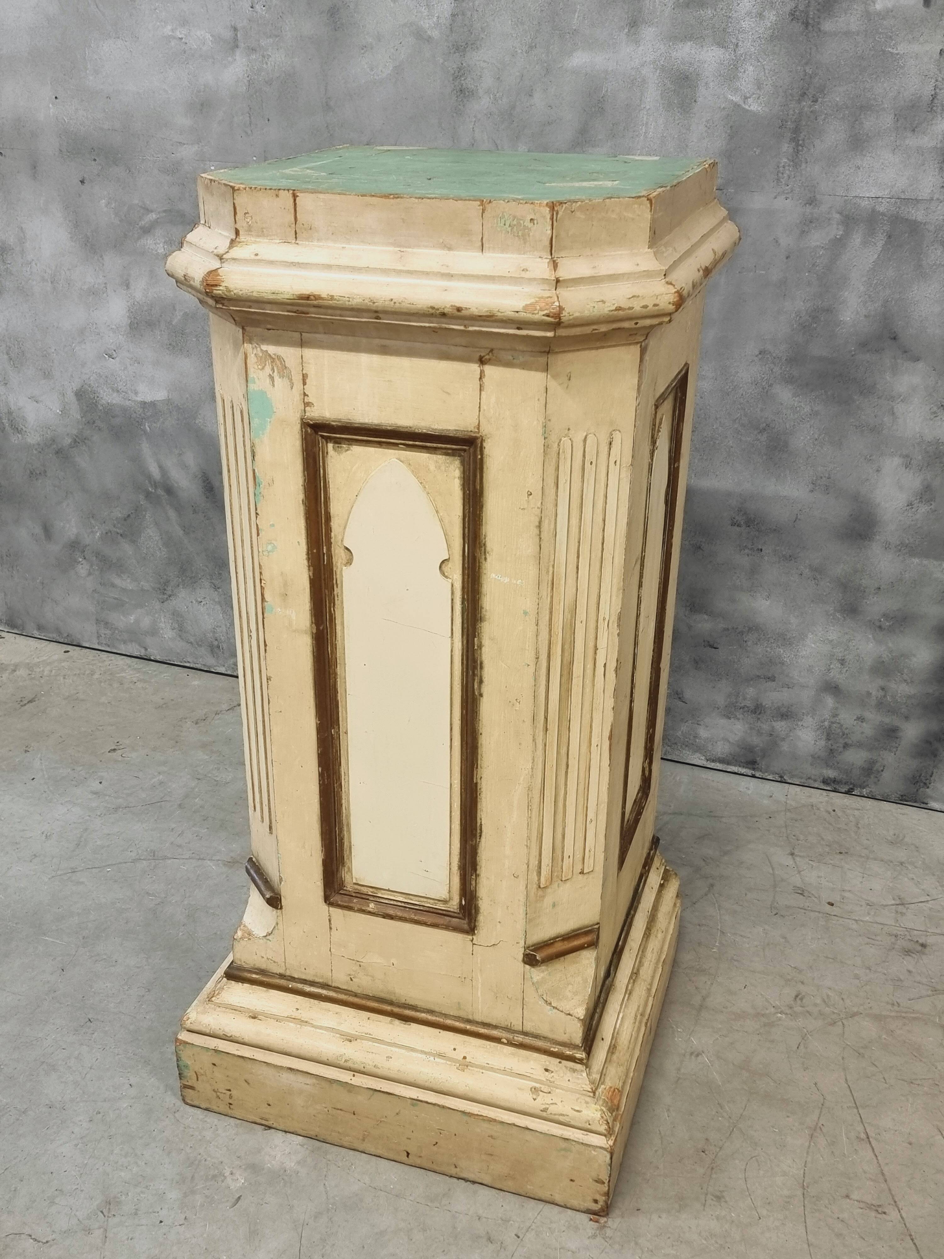 Antique church column on wooden base 135 cm high