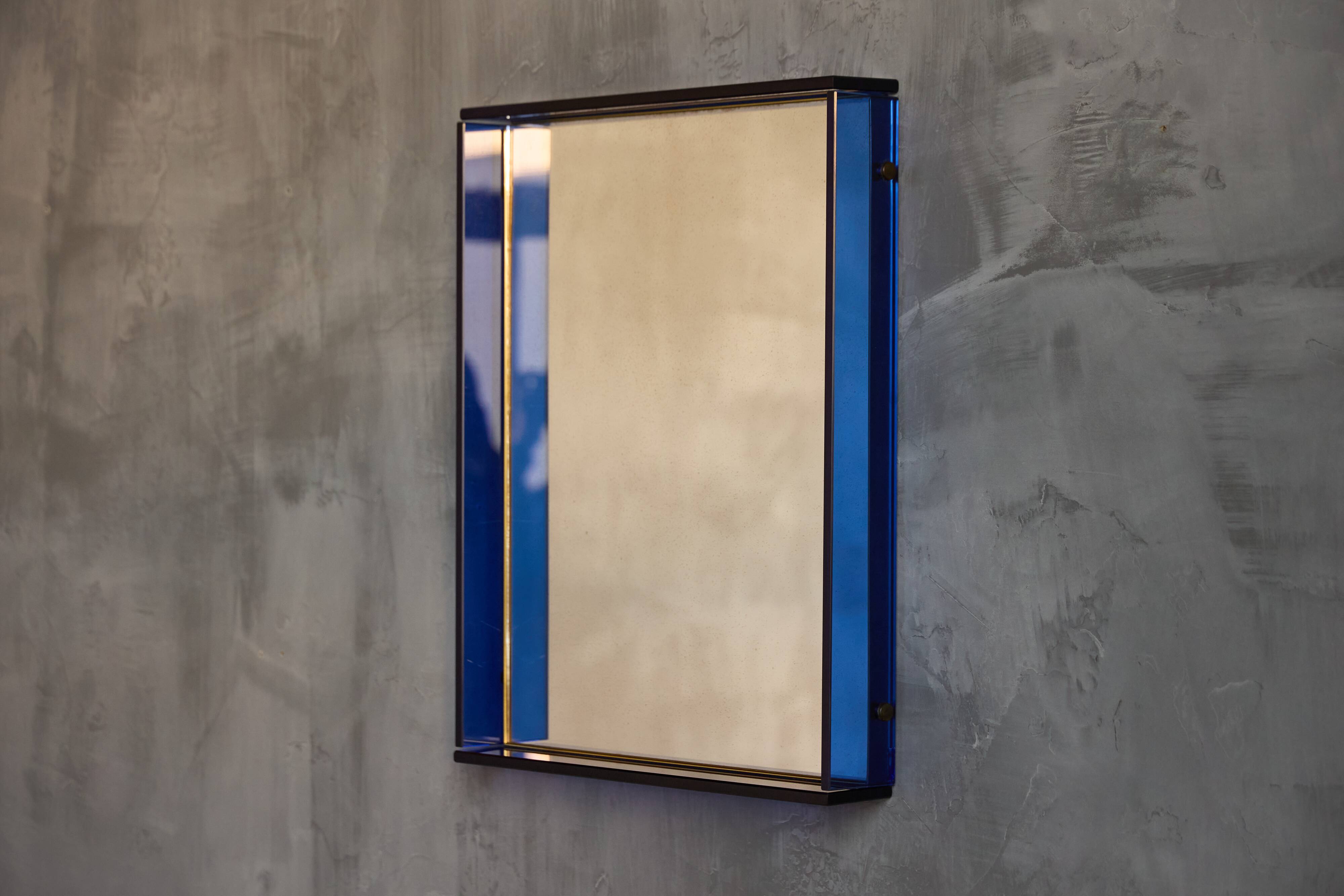 Blue Coloured and Mirrored Glass Wall Mirror, Italy, 1960s