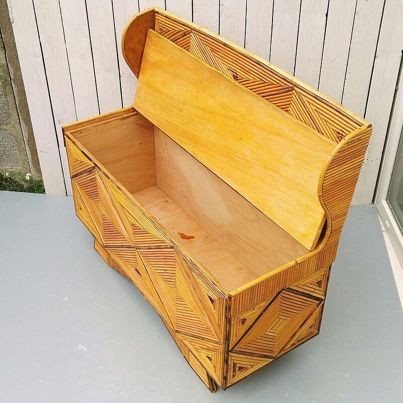 Chest bench, rattan marquetry, vintage 60's