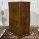 1950s English sideboard with drawers, Art Deco style, in walnut burl.