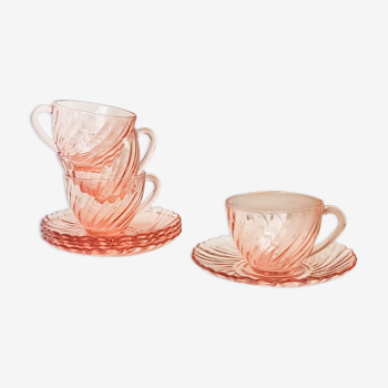 Lot of 4 Cups - Pink Depression Glass Breakfast Subcups Rosaline ARCOROC LUMINARC