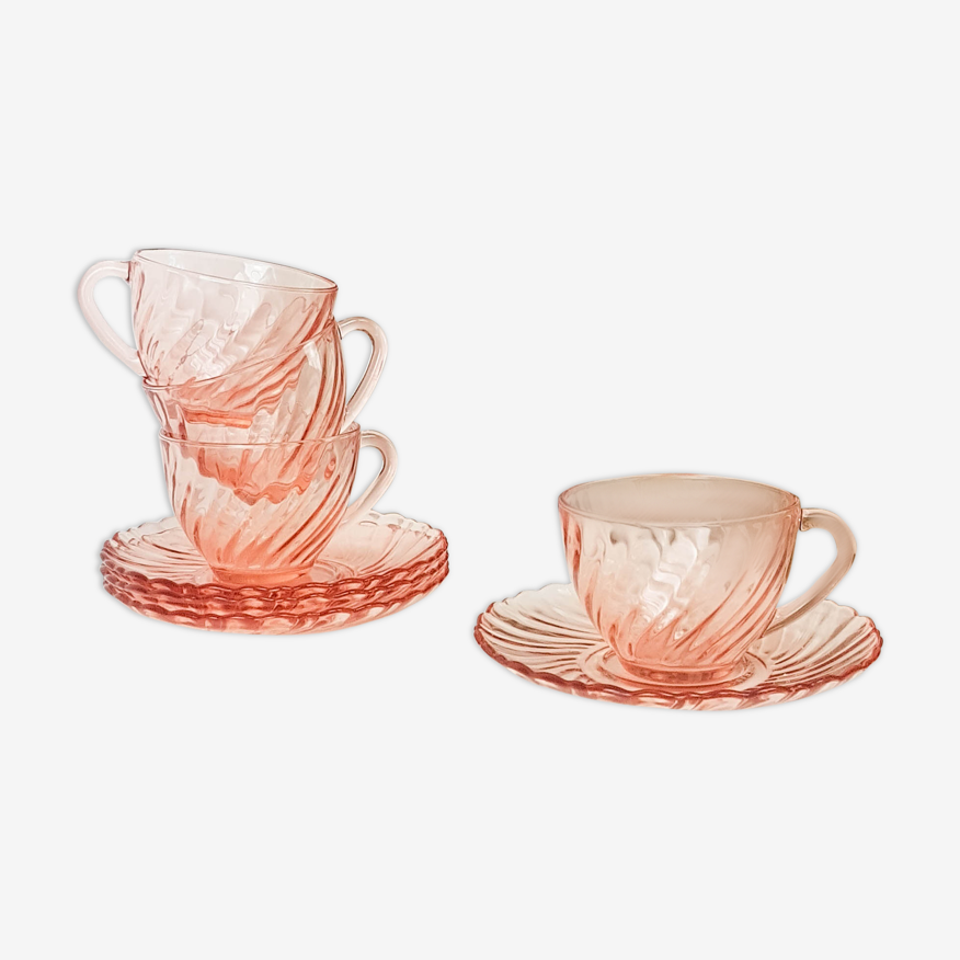 Arcoroc pink glass tea cups and saucers, France.
