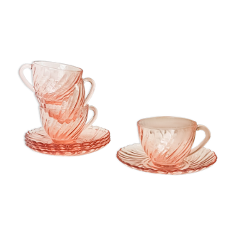 Lot de 4 tasses avec sous-tasses à petit déjeuner en verre dépression rose rosaline arcoroc luminarc