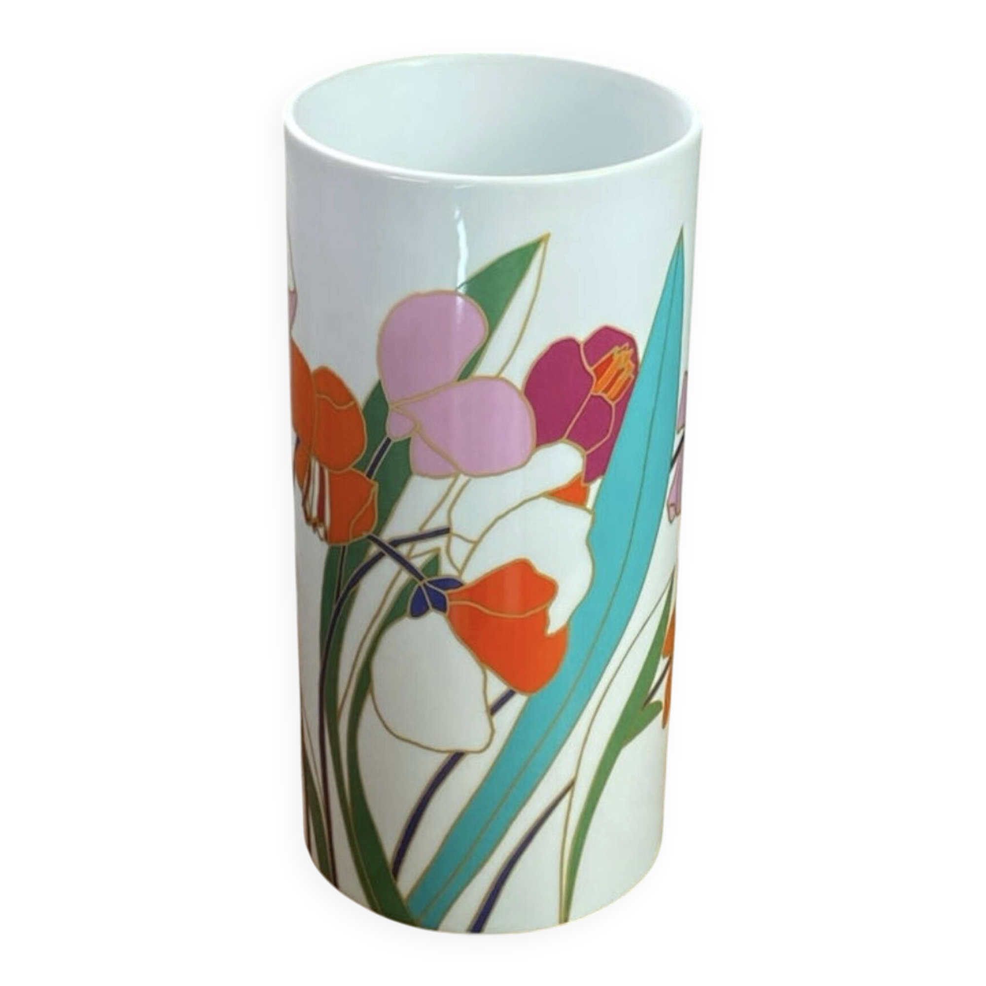 Cylindrical porcelain vase, floral decoration, Wolf Bauer Rosenthal