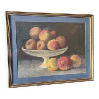 Peinture "Pommes dans une coupelle" signée G.Godinet