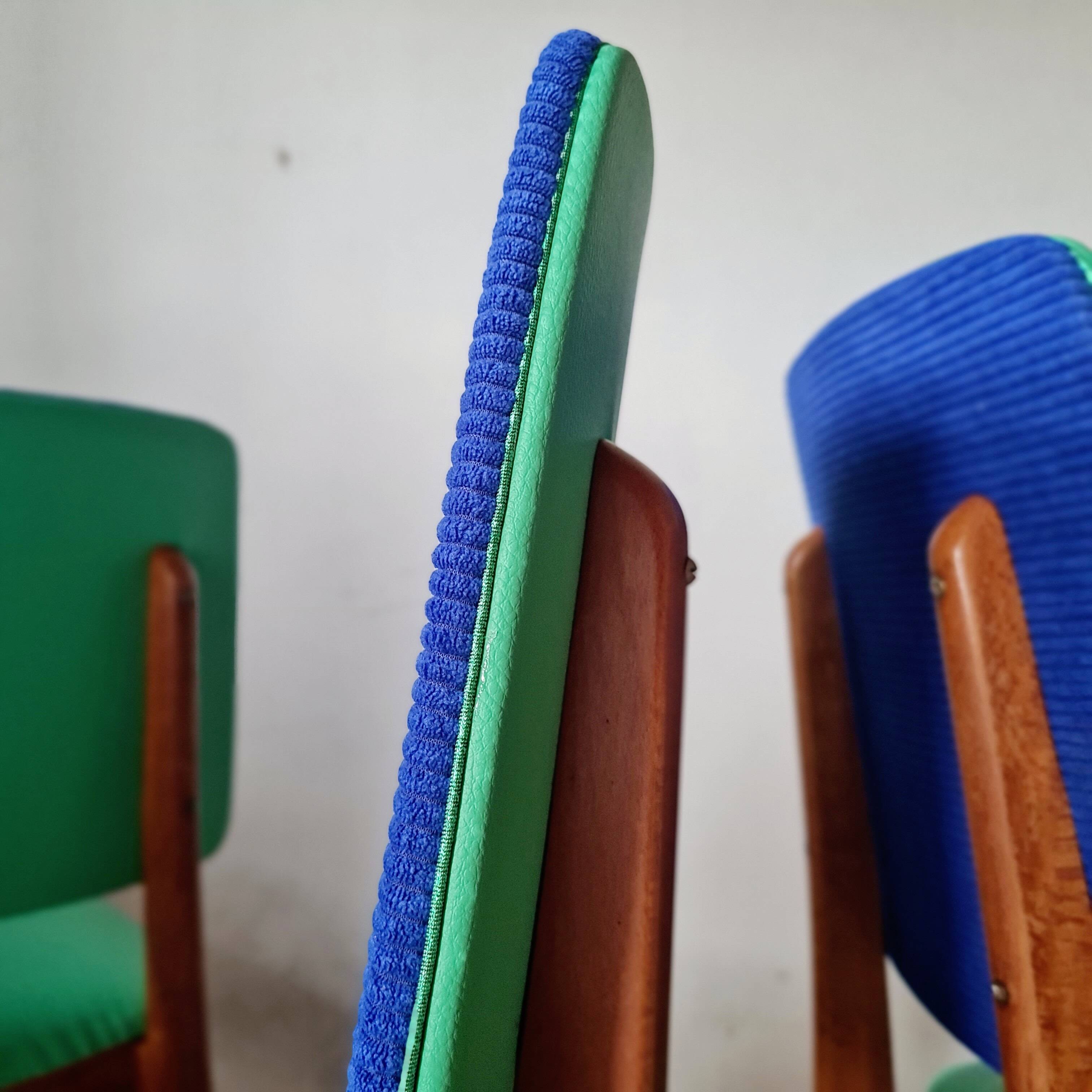 Series of velvet Scandinavian chairs - green and blue.