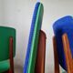 Series of velvet Scandinavian chairs - green and blue.