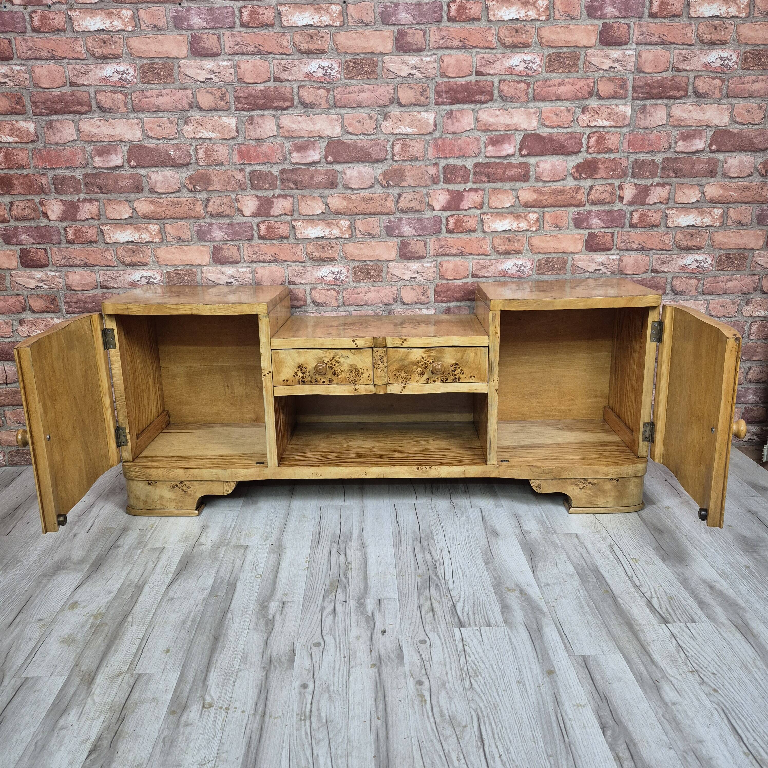 Rare Low Art Deco Blonde Burl TV Console Sideboard - 1930s Fully Restored
