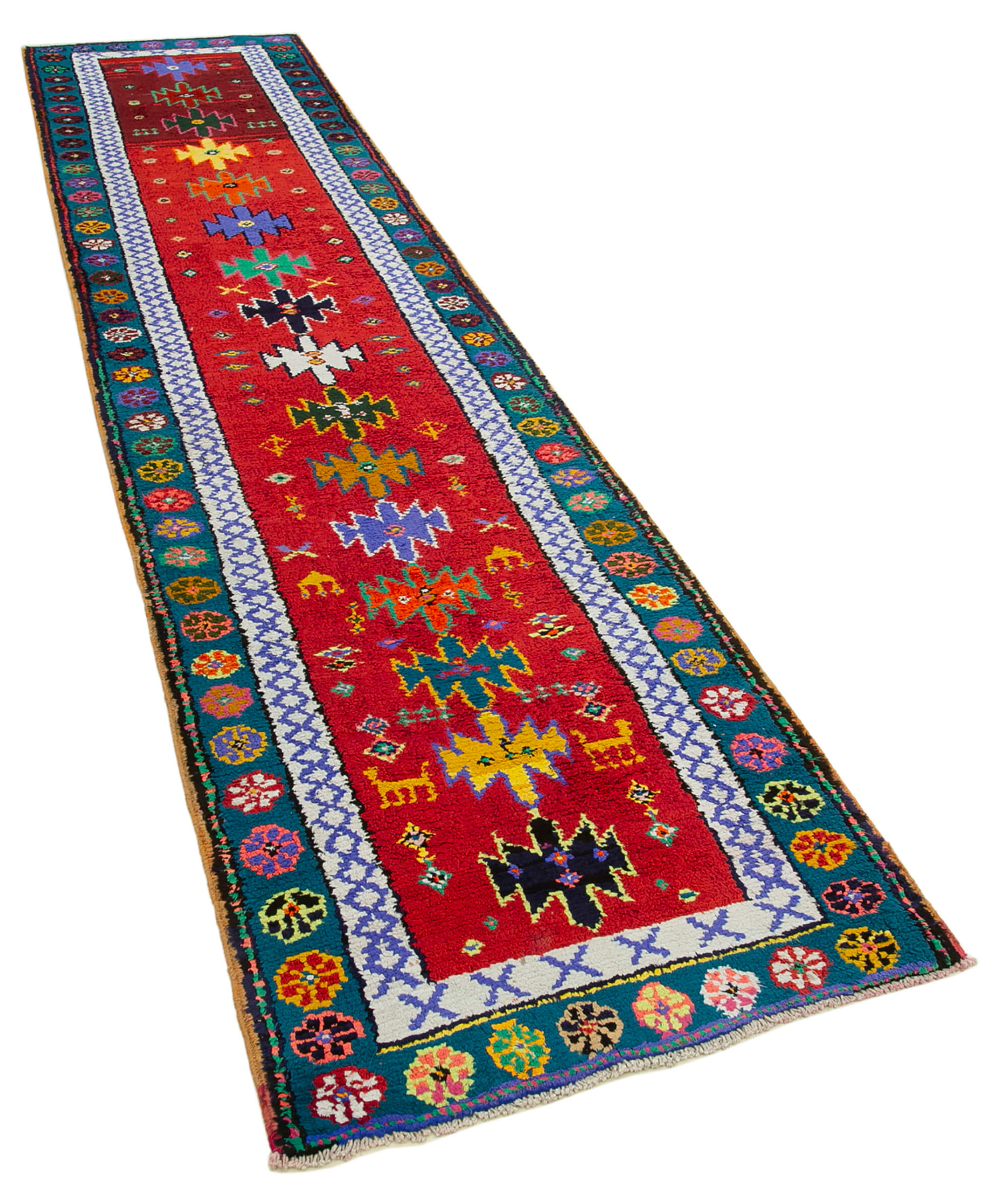 Hand-Knotted Rustic Turkish Red Runner Carpet 88 cm x 371 cm