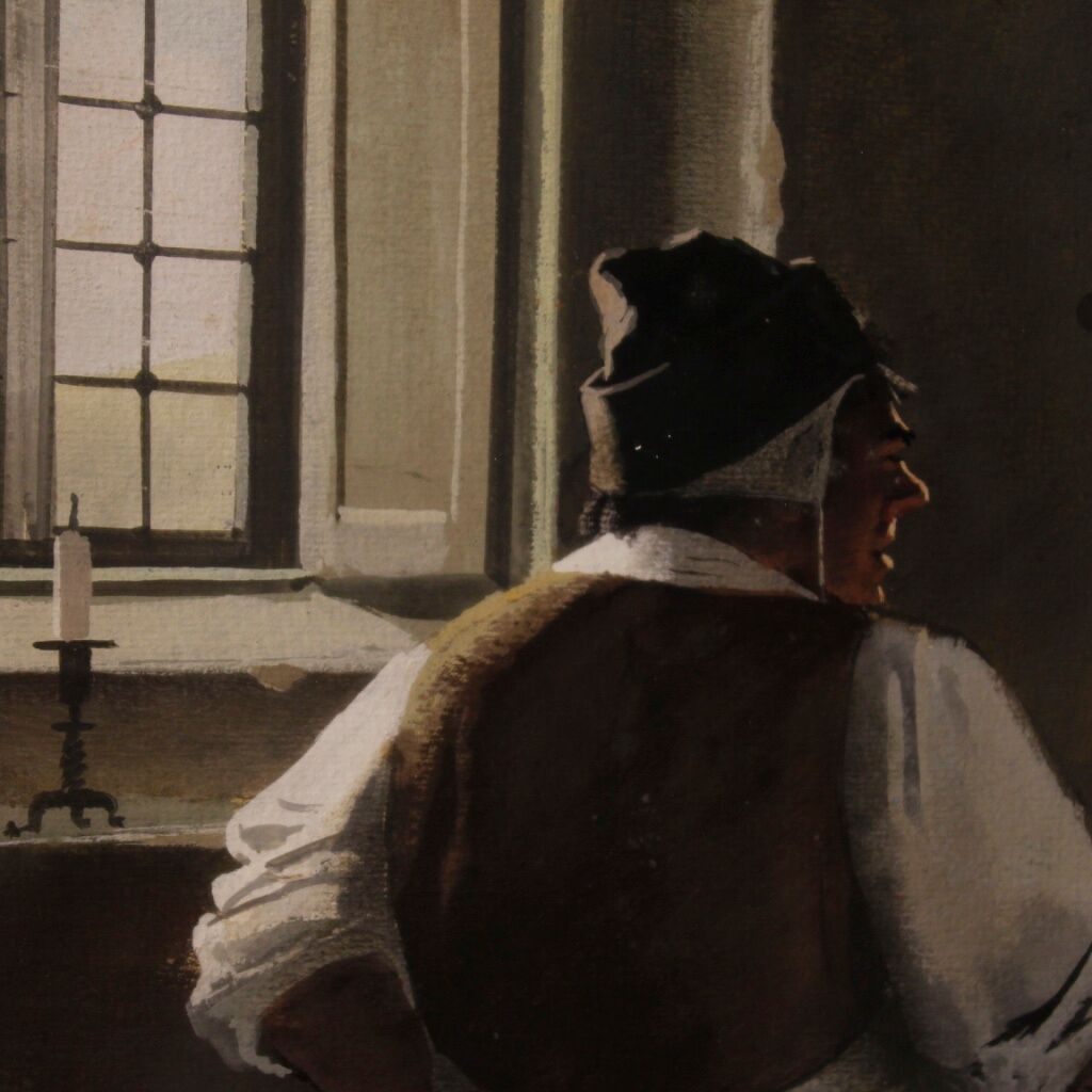 Italian painting interior scene with characters from XXth century