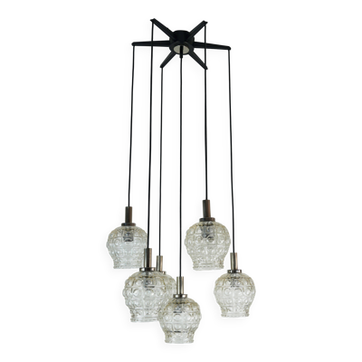lampe suspendue cascade - 7 abat-jours - verre bulle et chrome - années 1960/70
