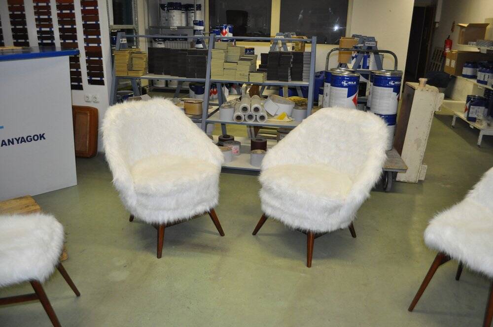 Pair of Mid-Century armchairs in white faux fur with beech legs.
