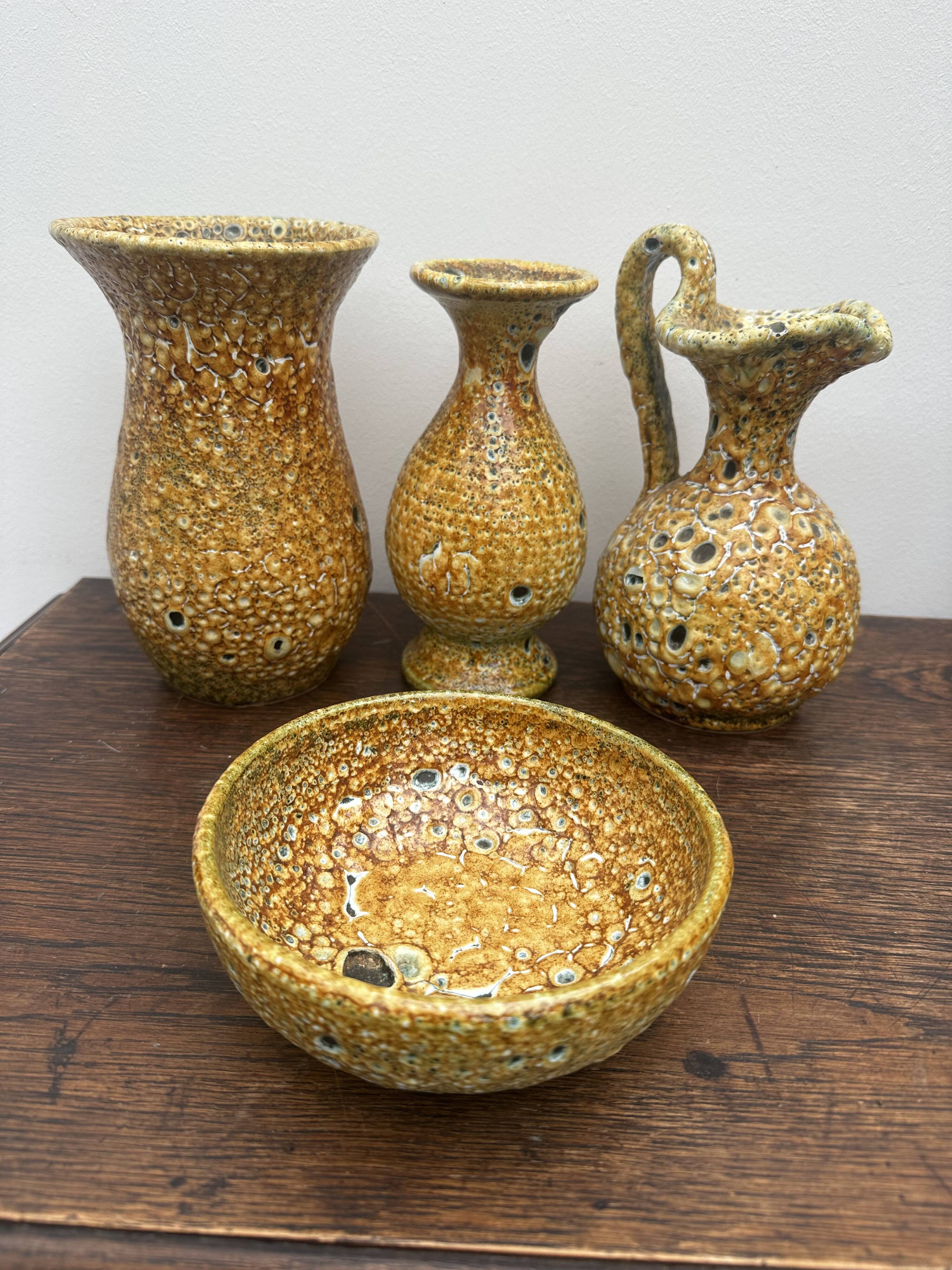 Set of 3 vases and 1 trinket tray, Honey / Fat Lava Vallauris, 1970s