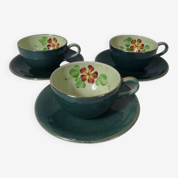 3 anciennes tasses déjeuners et soucoupes en faience de Longchamp