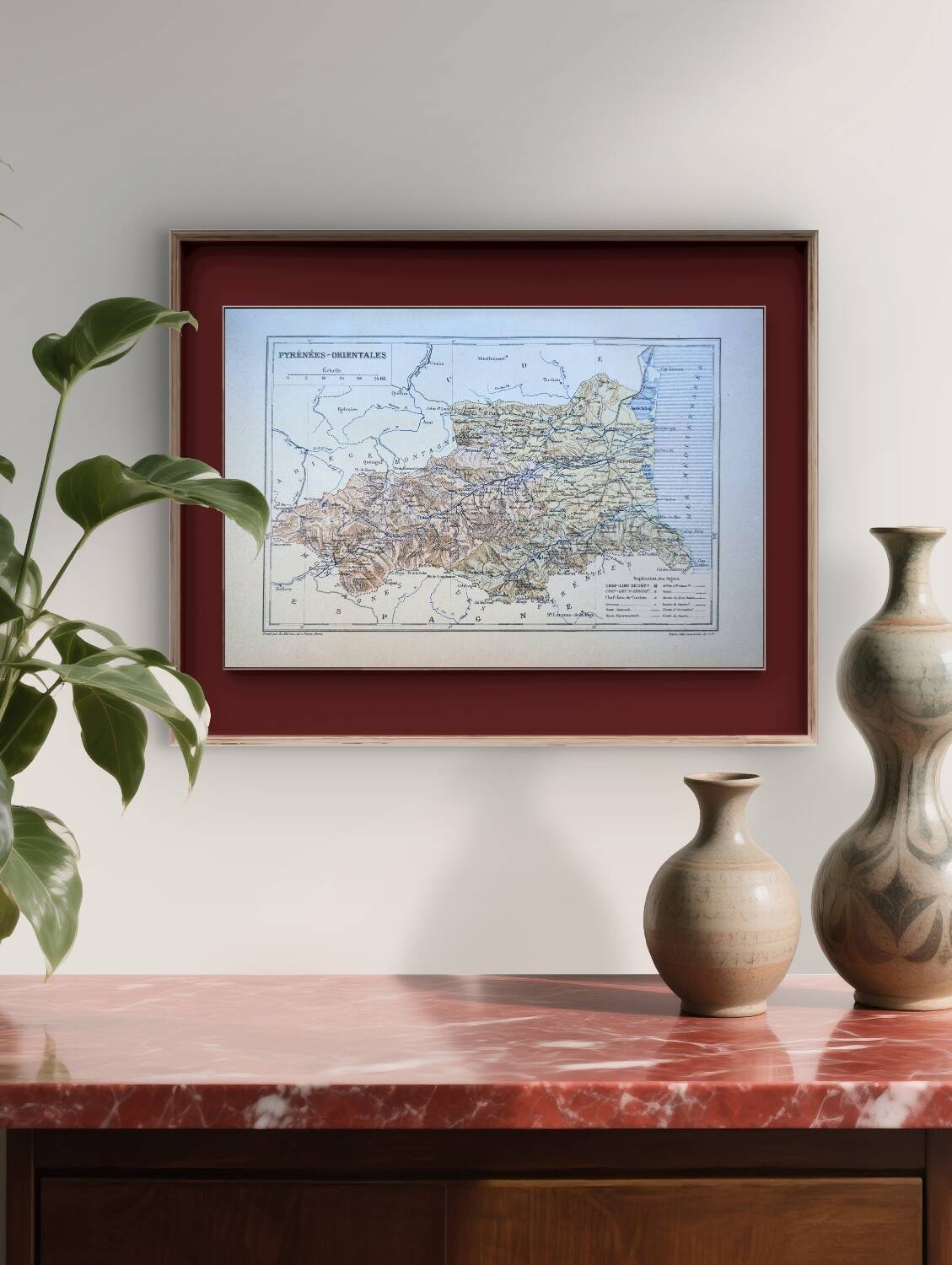 Map of Pyrénées-Orientales, 1889. Authentic Vintage.