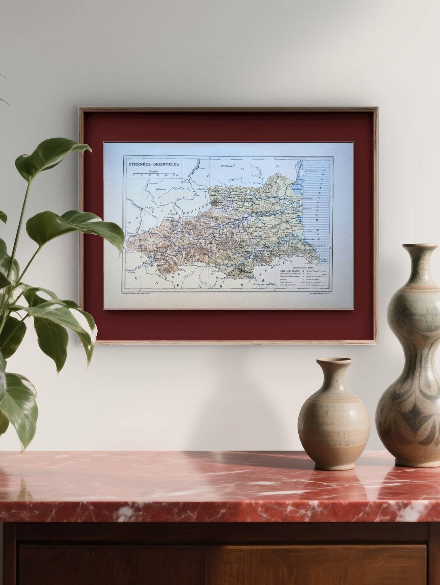 Map of Pyrénées-Orientales, 1889. Authentic Vintage.