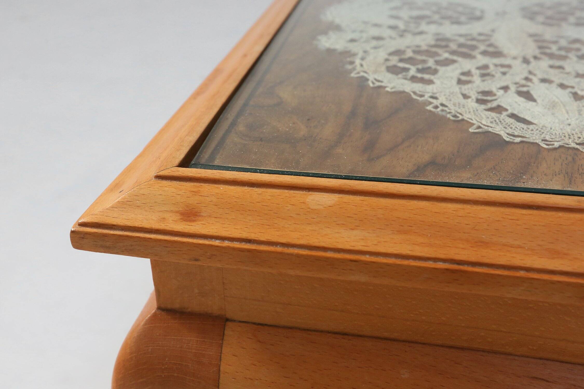 Side Table in Beech with Lace Inlay and Glass Top, France 1950s