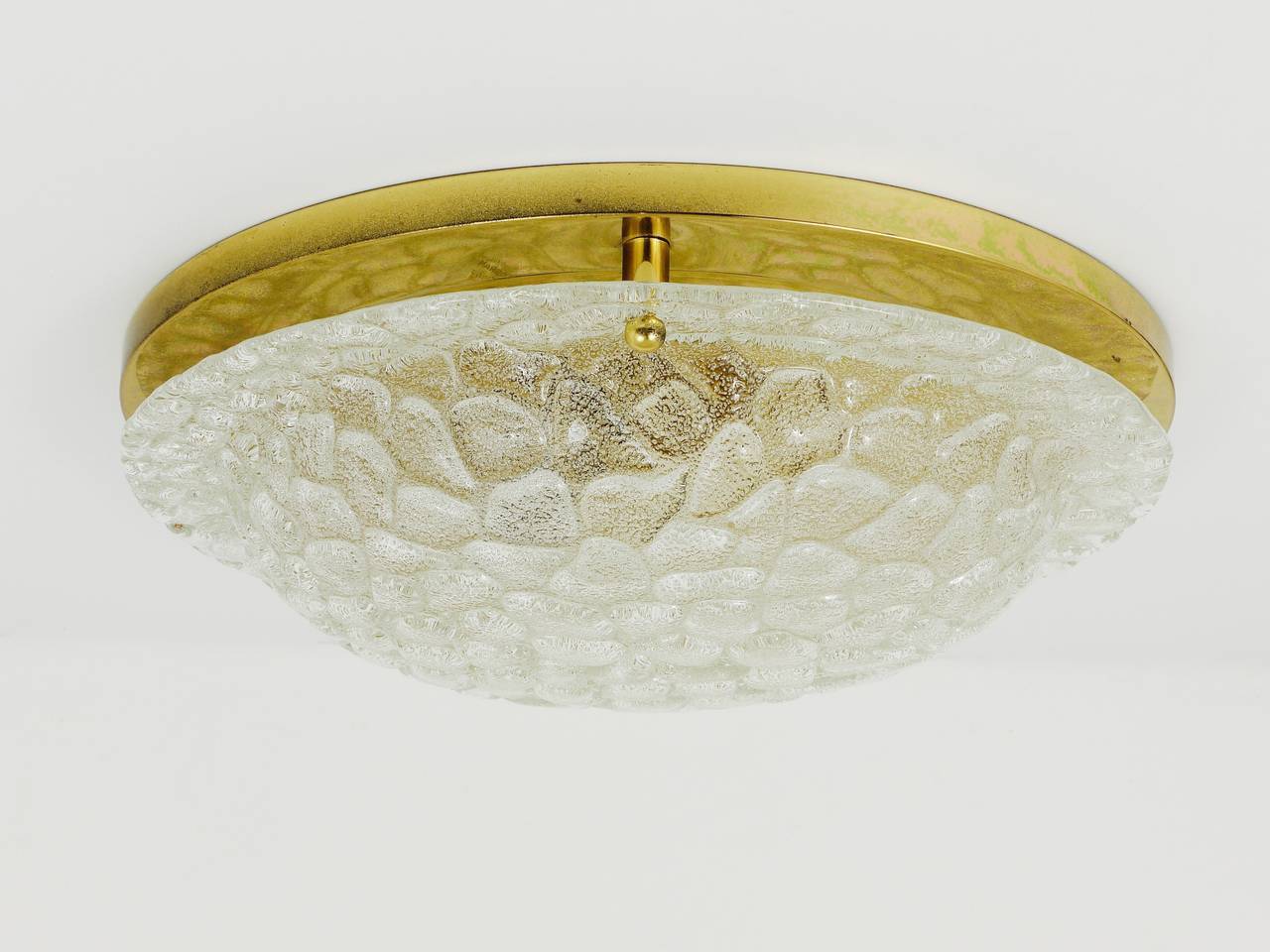 Large Hillebrand ceiling light in textured bubble glass and brass, Germany, 1970s.