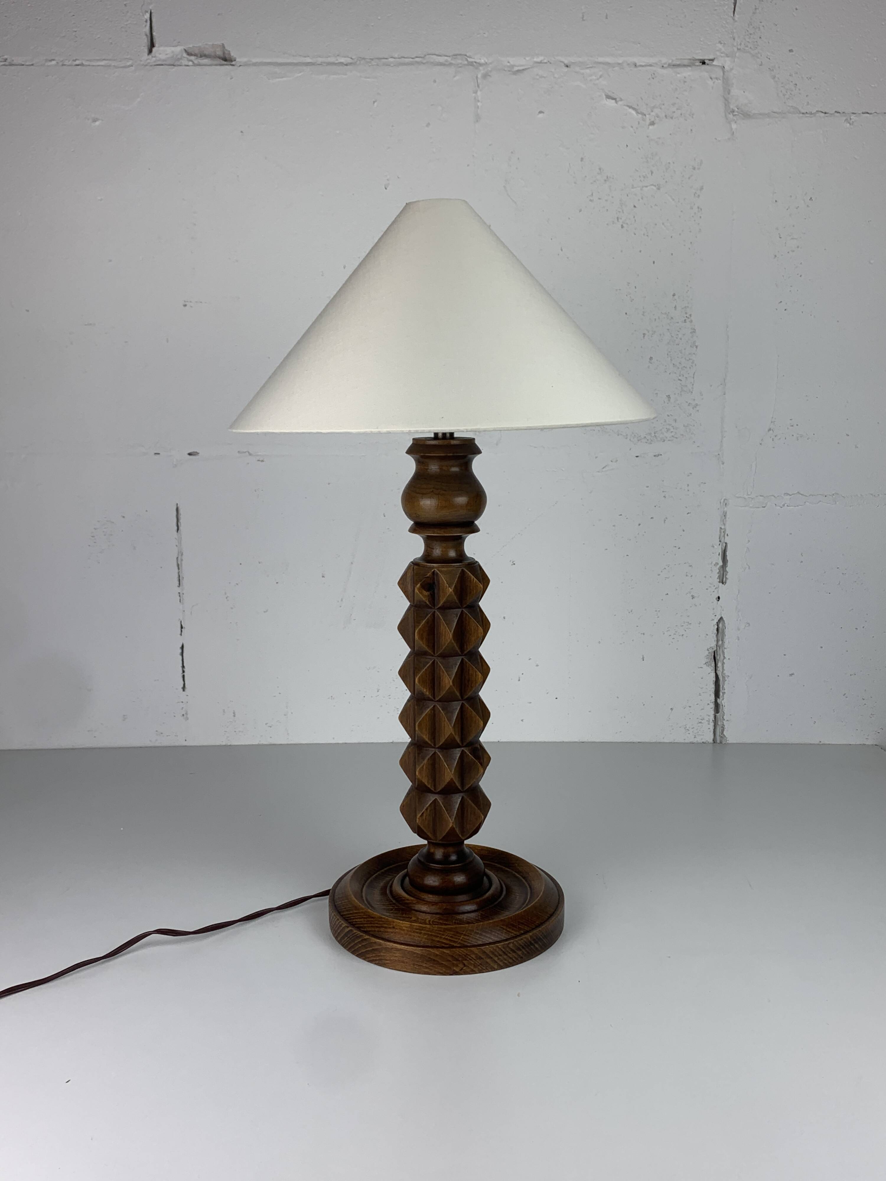 Brutalist wood turned table lamp in the style of Charles Dudouyt, 1940s