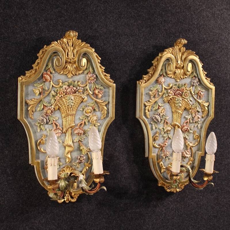 Pair of lacquered and gilded Italian Louis XVI style wall lamps