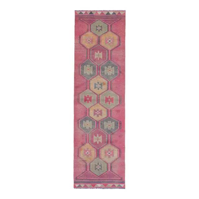 Vintage Turkish Hand-Knotted Wool Cotton Pink Runner Rug 94x329