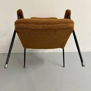Vintage metal armchair with orange boucle fabric, French design from the 1950s.