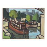 Huile sur toile Péniches sur la Seine, G. Delaire, XXe siècle