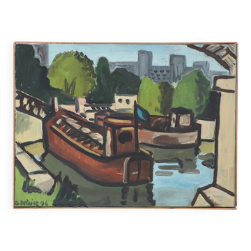 Huile sur toile Péniches sur la Seine, G. Delaire, XXe siècle