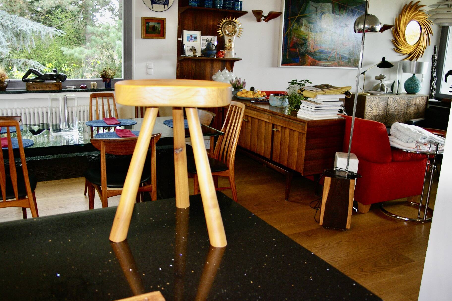 Vintage tripod stool in solid elm denmark 1960s
