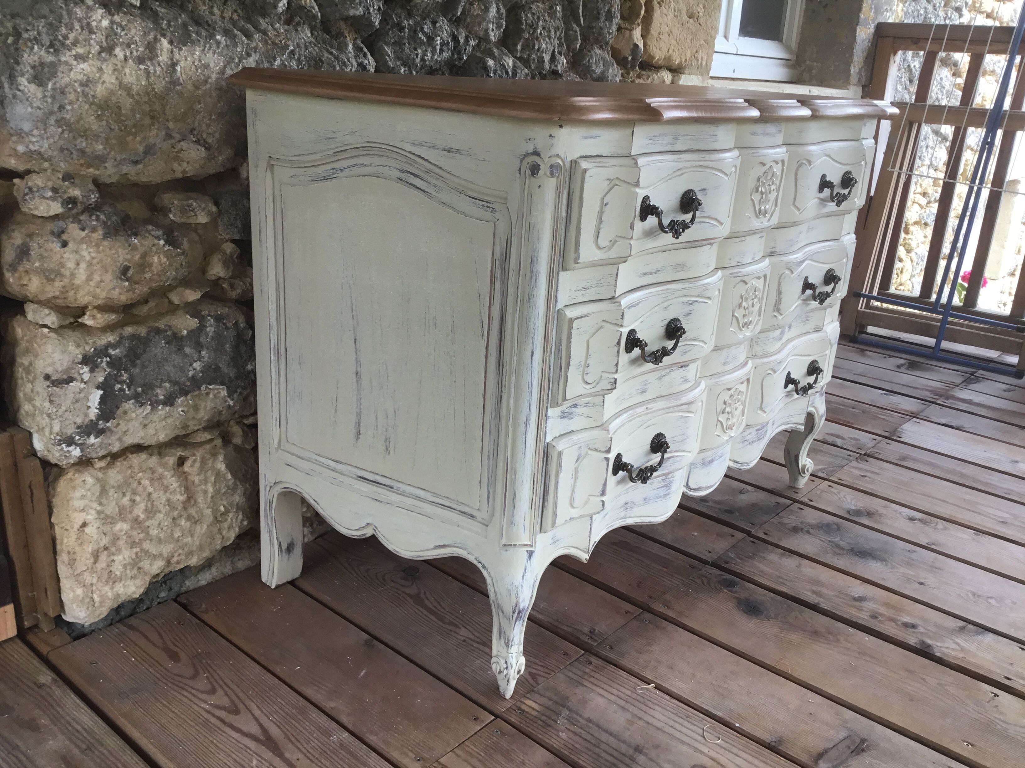 Louis XV style chest of drawers in cherry 3 drawers patinated linen color