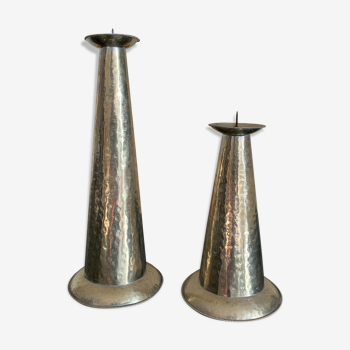 Duo vintage bumpy metal candlesticks