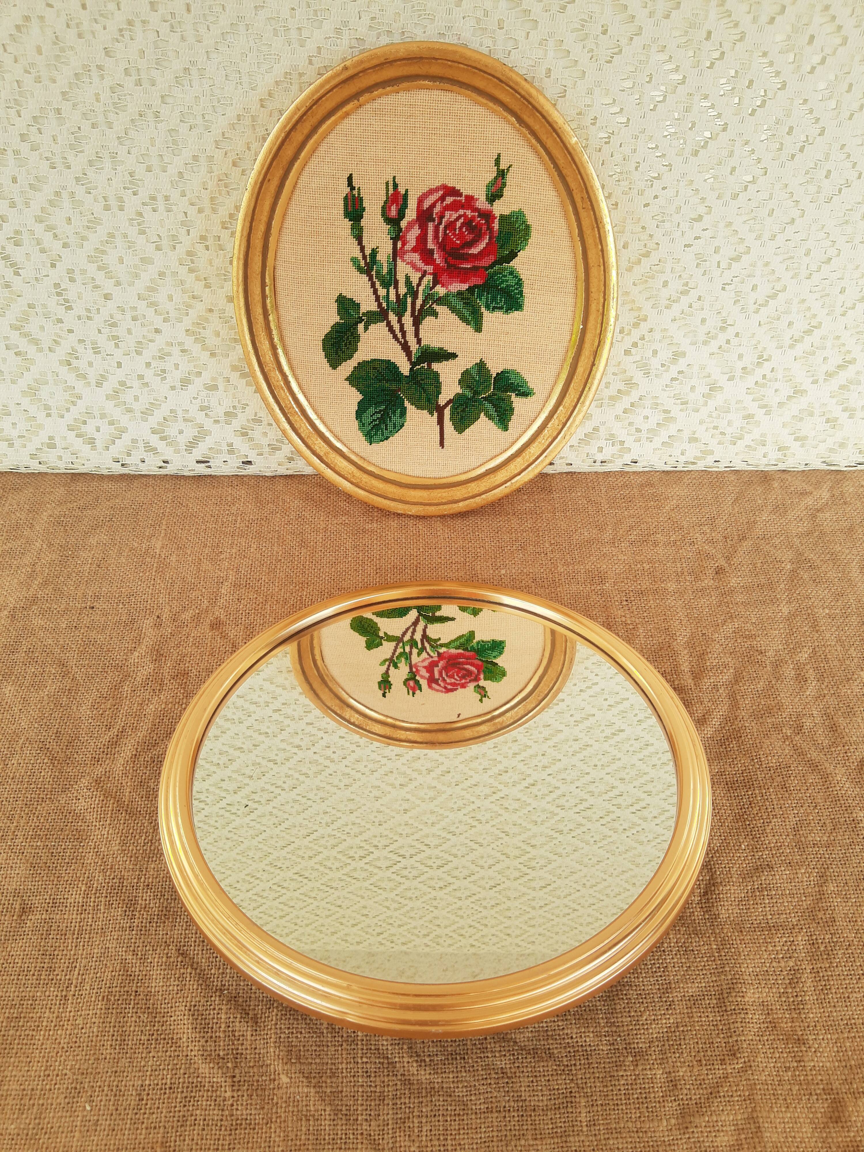 Vintage gold metal mirror round tray